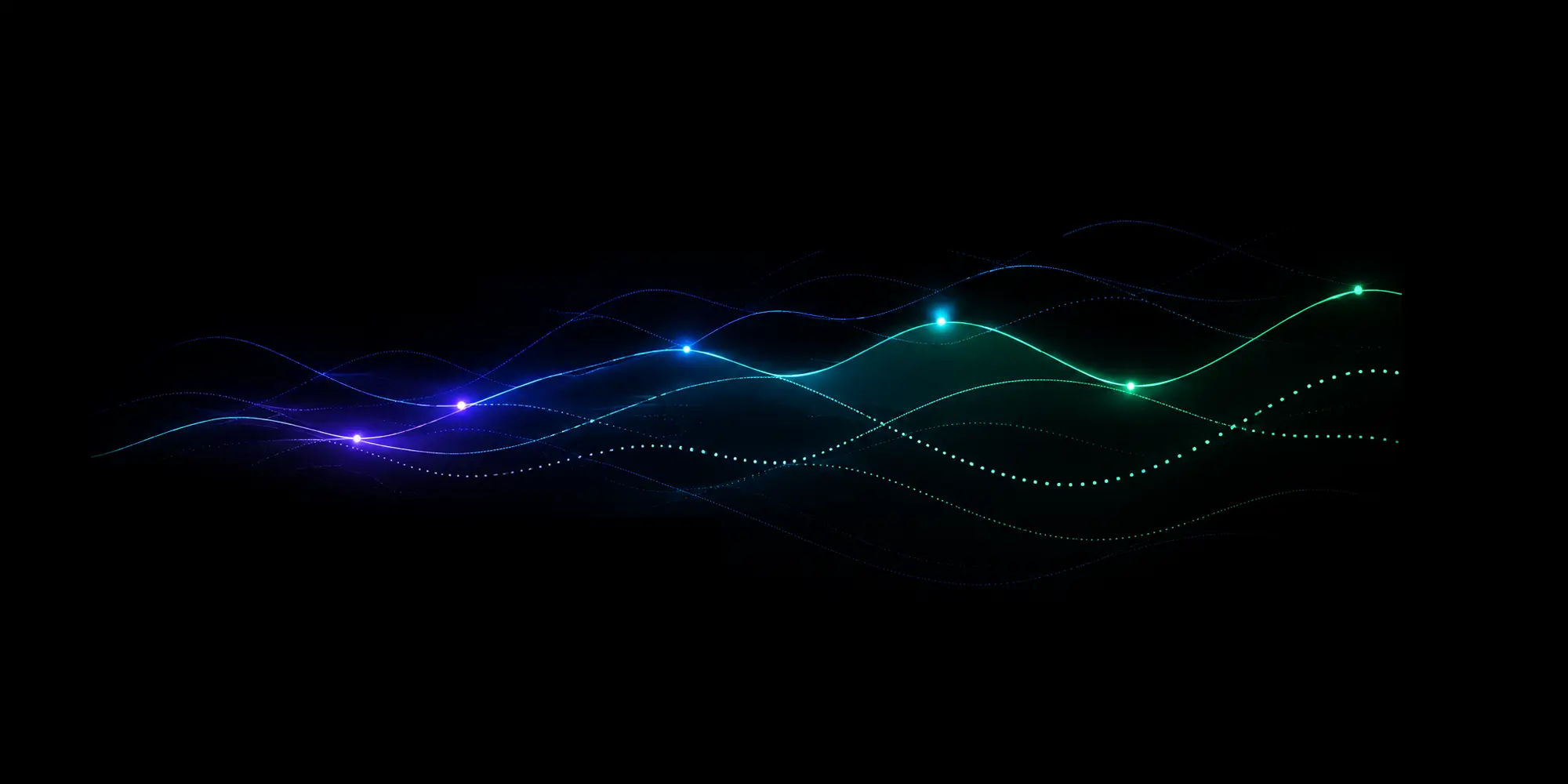 Layered wave lines in violet, blue and green sweeping across a black field, bright nodes marking points along each curve