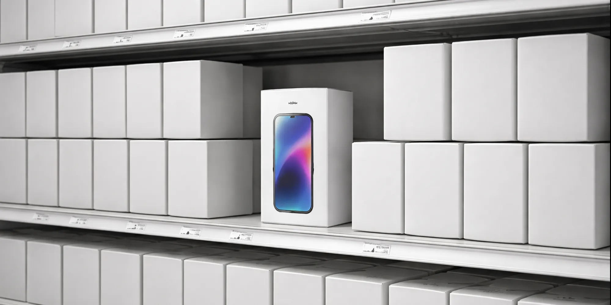 Colorful smartphone in minimal white packaging standing out among plain white boxes on a retail shelf