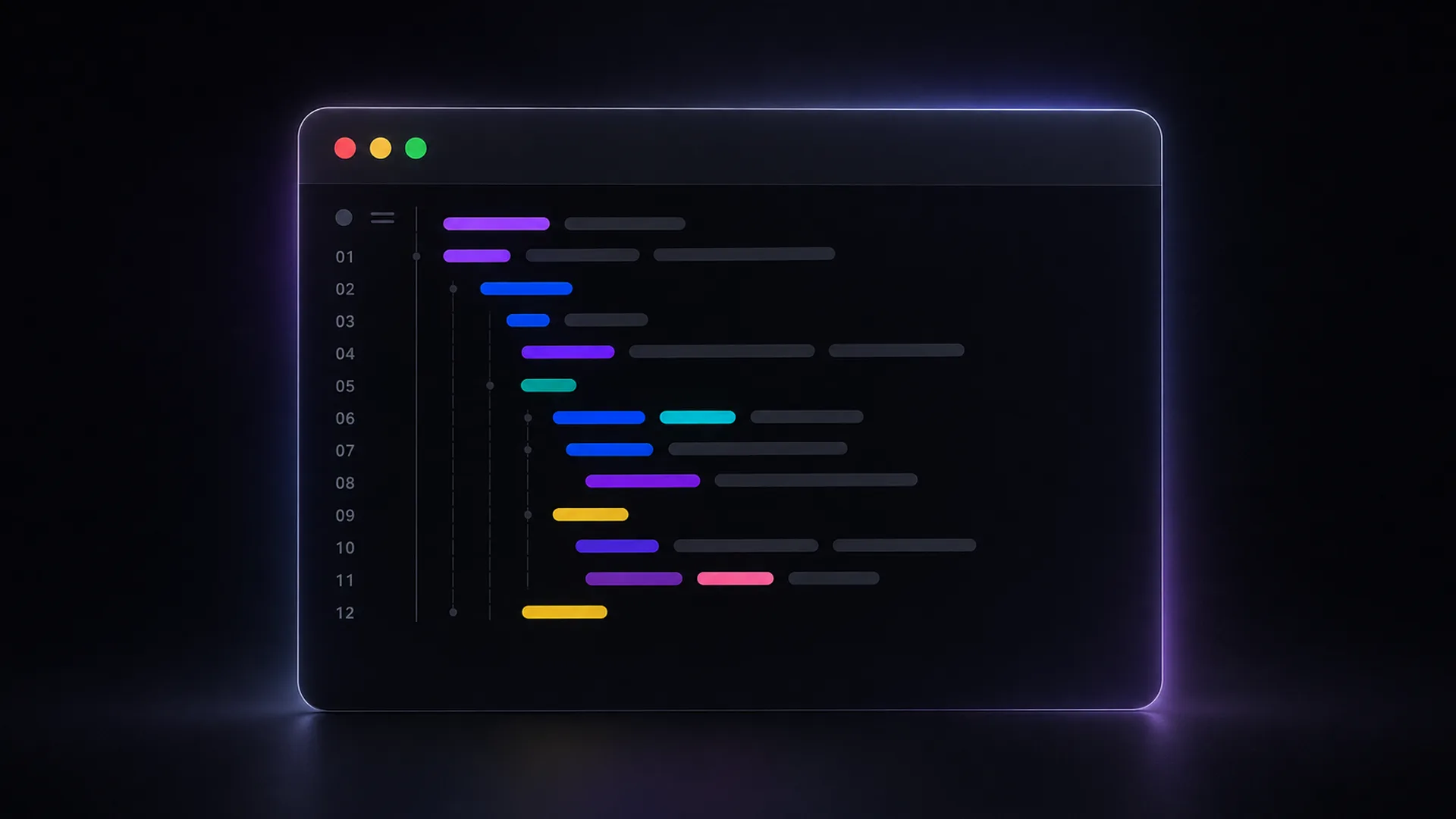 A dark editor window outlined in glowing purple against a black backdrop, its twelve numbered lines rendered as abstract rounded bars of purple, blue, teal, yellow, and pink instead of readable code