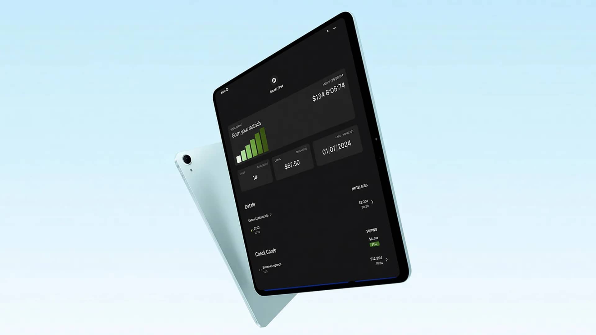 Fintech investment platform on iPad showing portfolio balance, growth chart, and transaction details