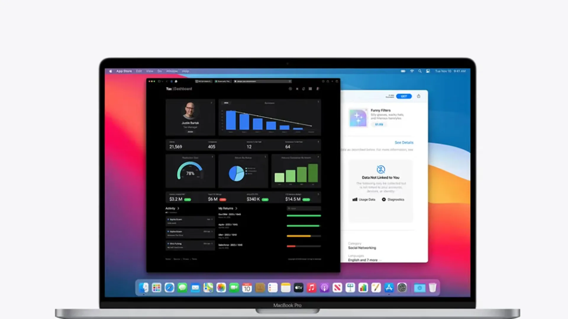 MacBook showing Taxa AI tax platform dashboard with FaceTime and Messages alongside it