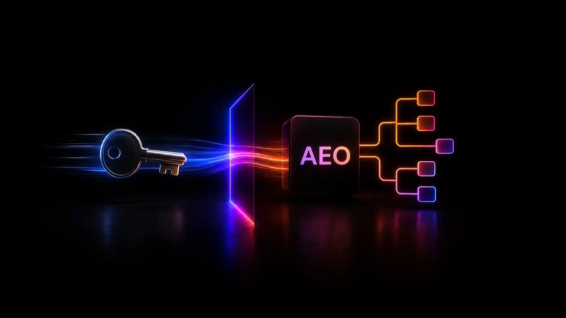 A chrome key trailing blue light passes through a glowing vertical threshold and emerges as orange streams feeding a dark block marked AEO, which branches into five outlined nodes