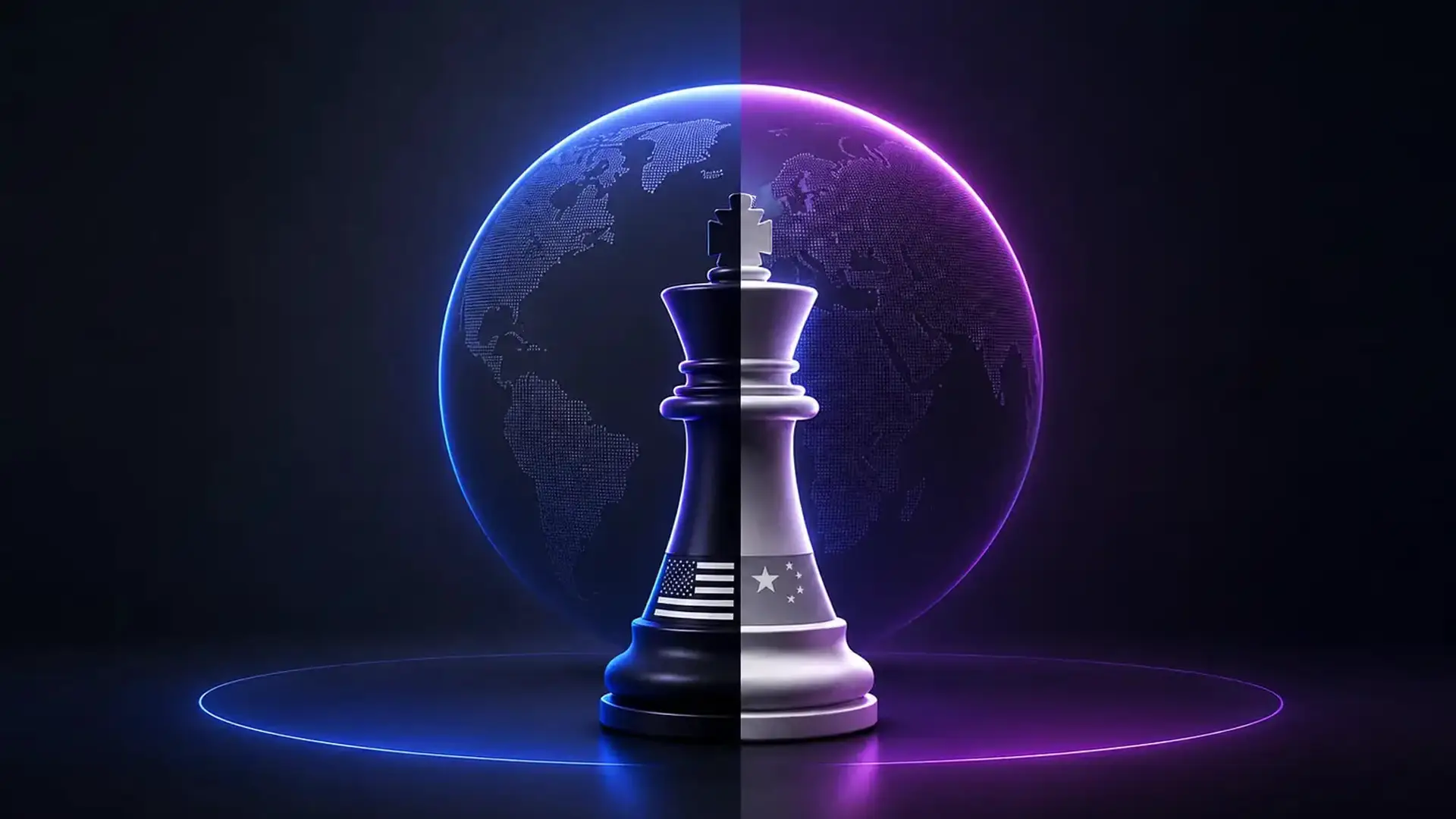 A chess king split down the middle, the black half carrying the United States flag and the white half carrying China's stars, standing before a dotted globe