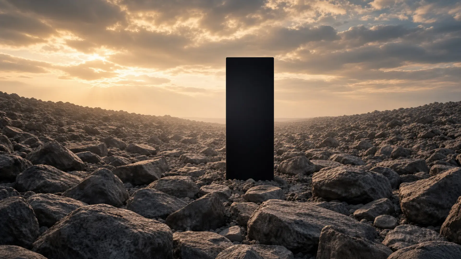 A featureless black monolith standing upright in a field of pale boulders under a low sun