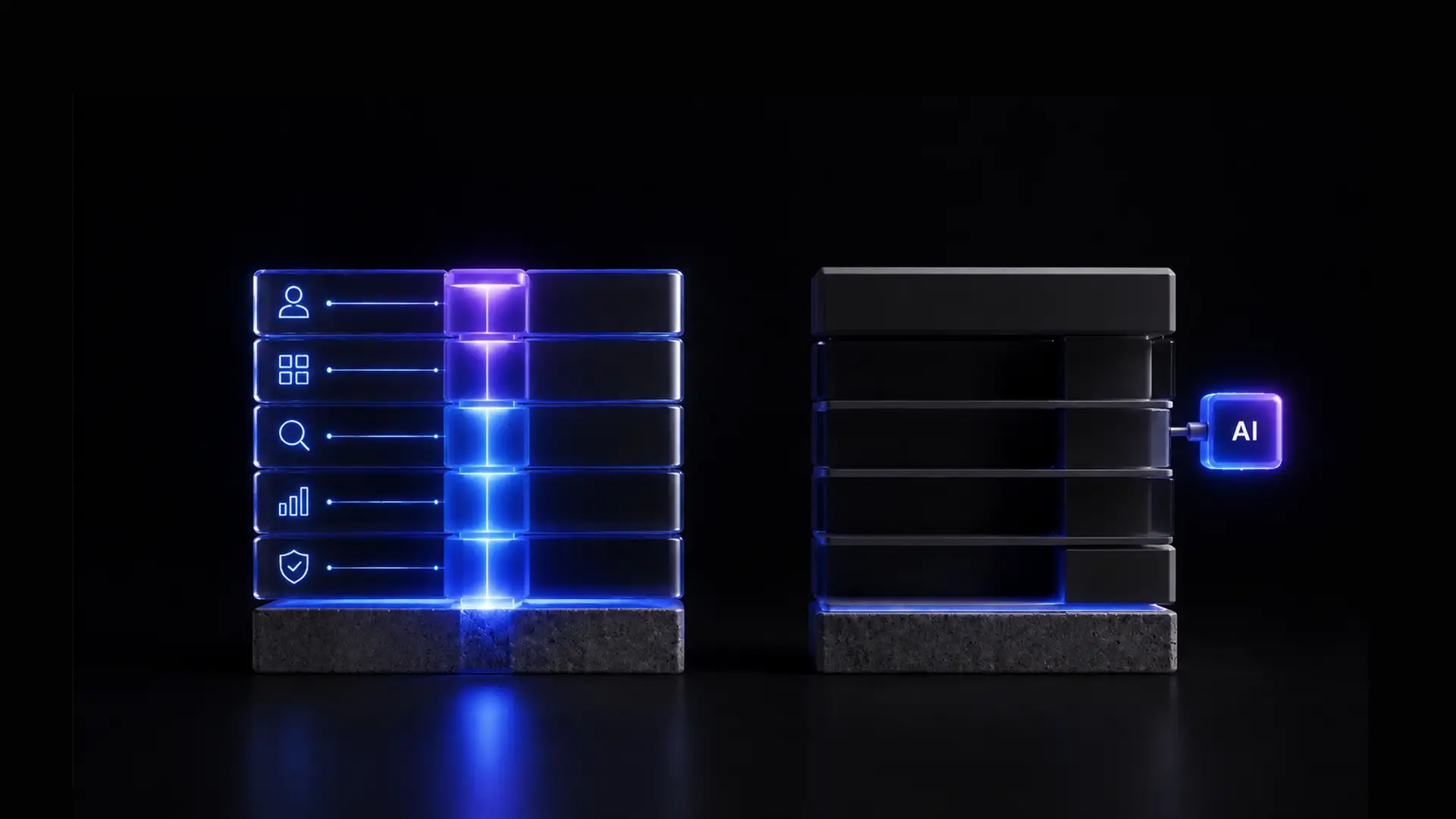 Two glowing slab stacks on concrete bases, the left one integrated with icons and light running through every layer, the right one dark with a small AI chip bolted to its side