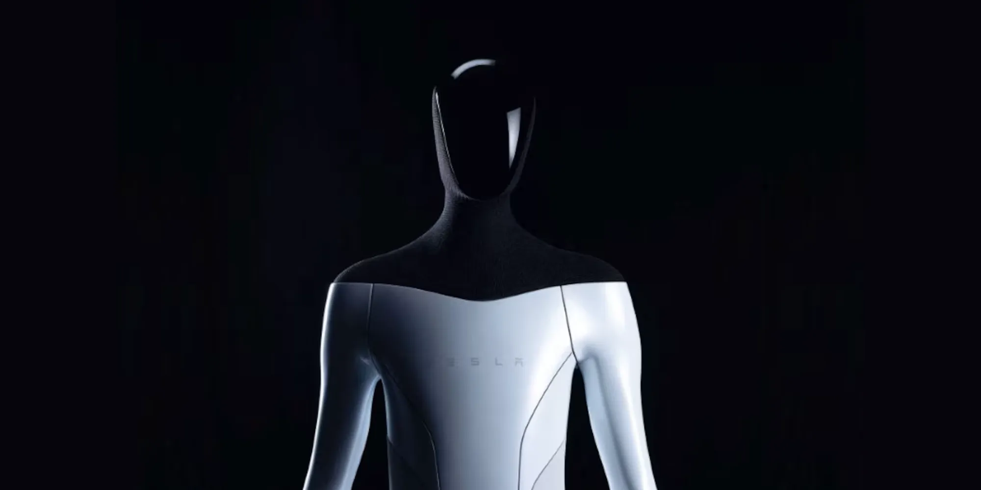 A sleek white and black humanoid robot standing in shadow against a black background, symbolizing AI-generated competence as the new commodity floor