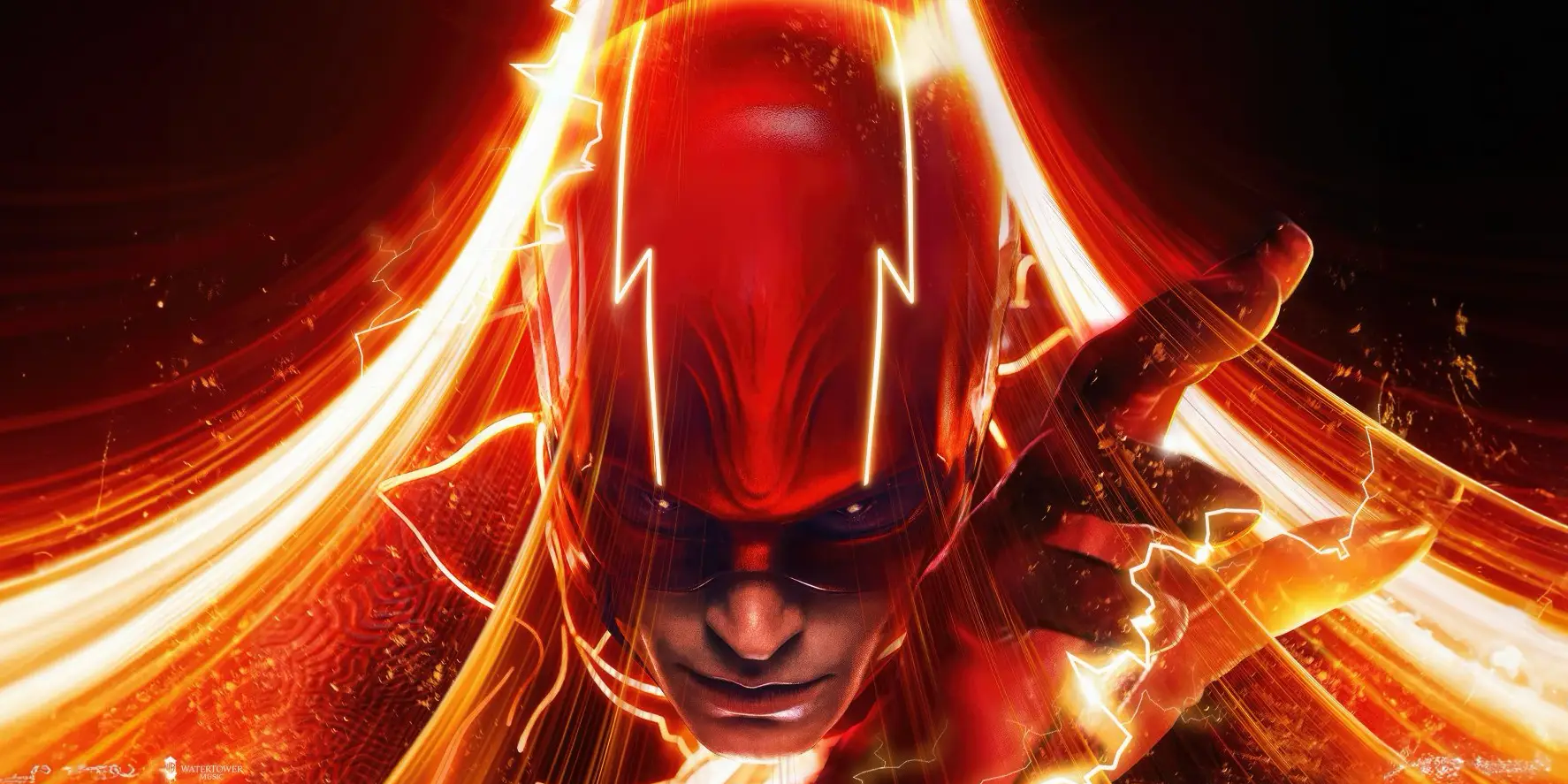 A masked speedster in red mid-sprint, one hand outstretched, wrapped in streaks of white and orange lightning against a dark motion-blurred field