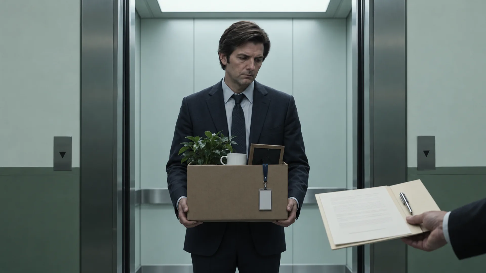 A man in a dark suit stands in a steel elevator holding a box with a plant and mug, beside a hand holding an open folder.