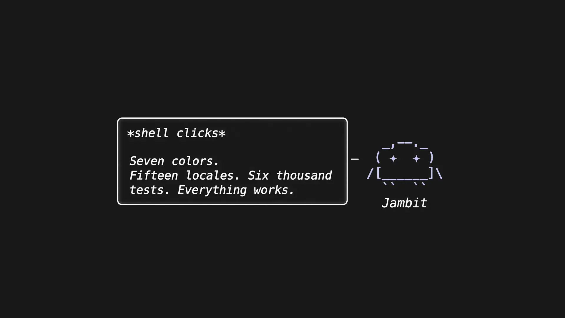 A monospace message card reading shell clicks, seven colors, fifteen locales, six thousand tests, everything works, beside a small ASCII robot labeled Jambit