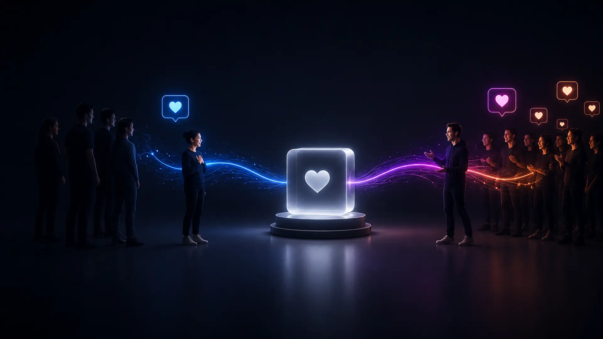 Two crowds facing a glowing pedestal that holds a softly lit heart, streams of blue and violet light running from the people into the object and back out