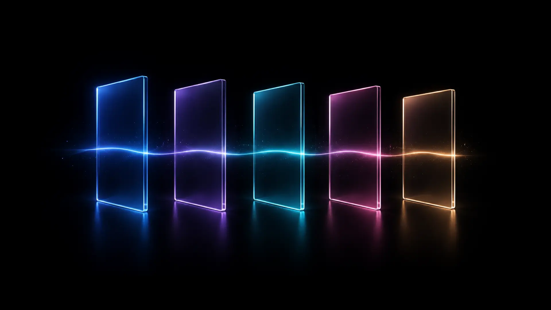 Five upright glass panels edge-lit in blue, violet, teal, pink and amber, a single thread of light running through all of them