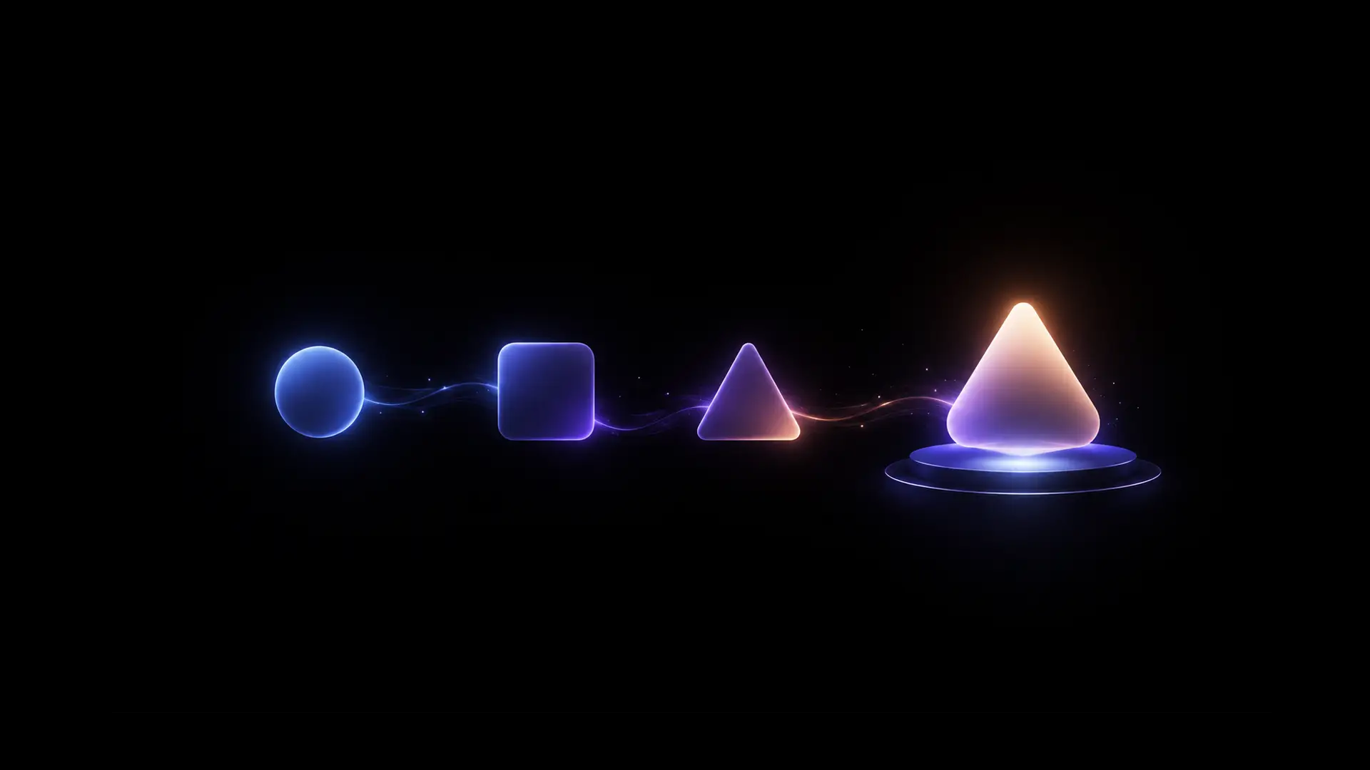 A sphere, a rounded square and a triangle connected by a thin light trail, resolving into a glowing cone standing on a lit pedestal