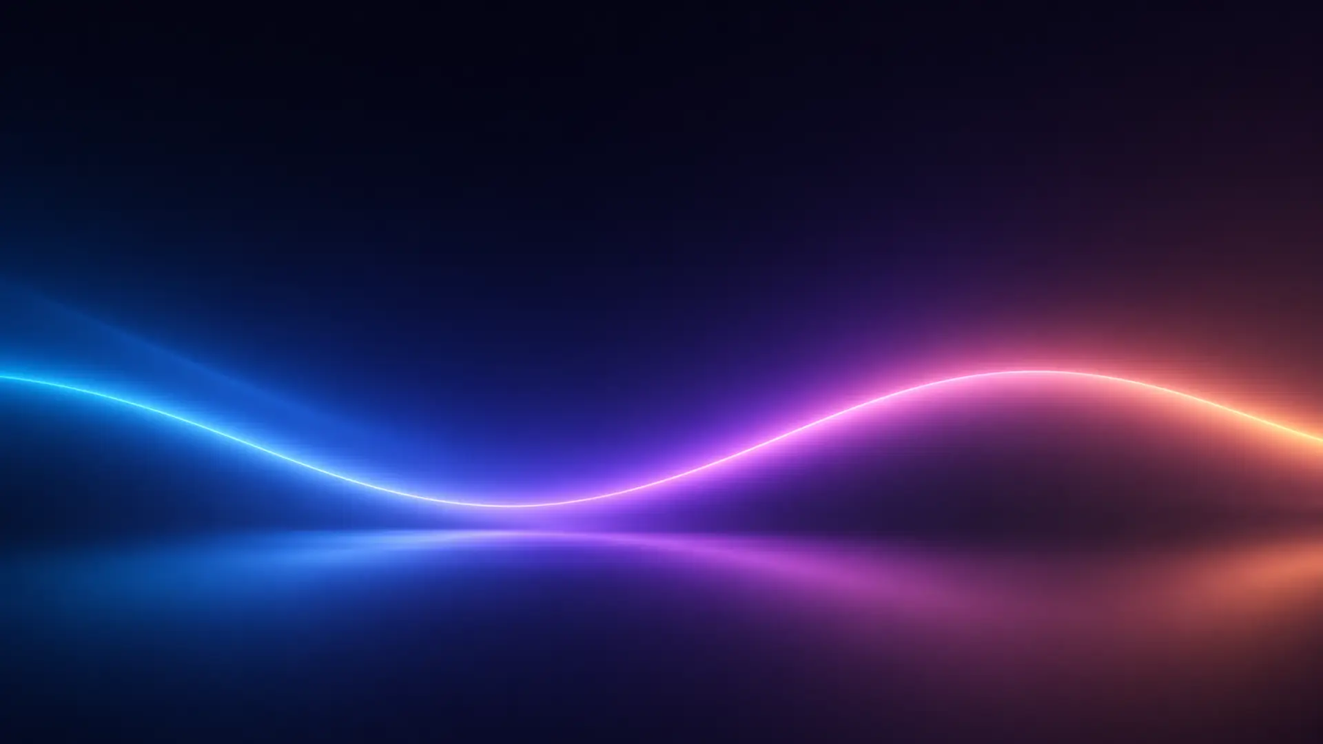 A single smooth curve of light sweeping across a dark field, shifting from blue through violet to amber, mirrored in the surface below