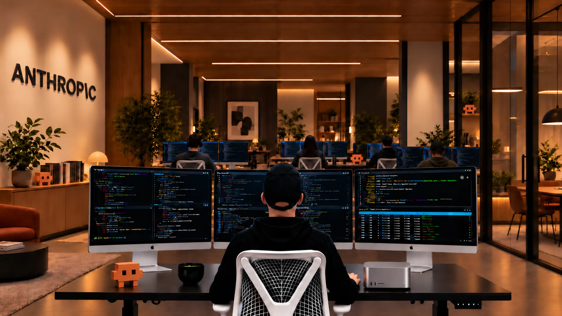 A person in a black cap sits before three monitors of code in a warm wood office, the word ANTHROPIC on the wall.