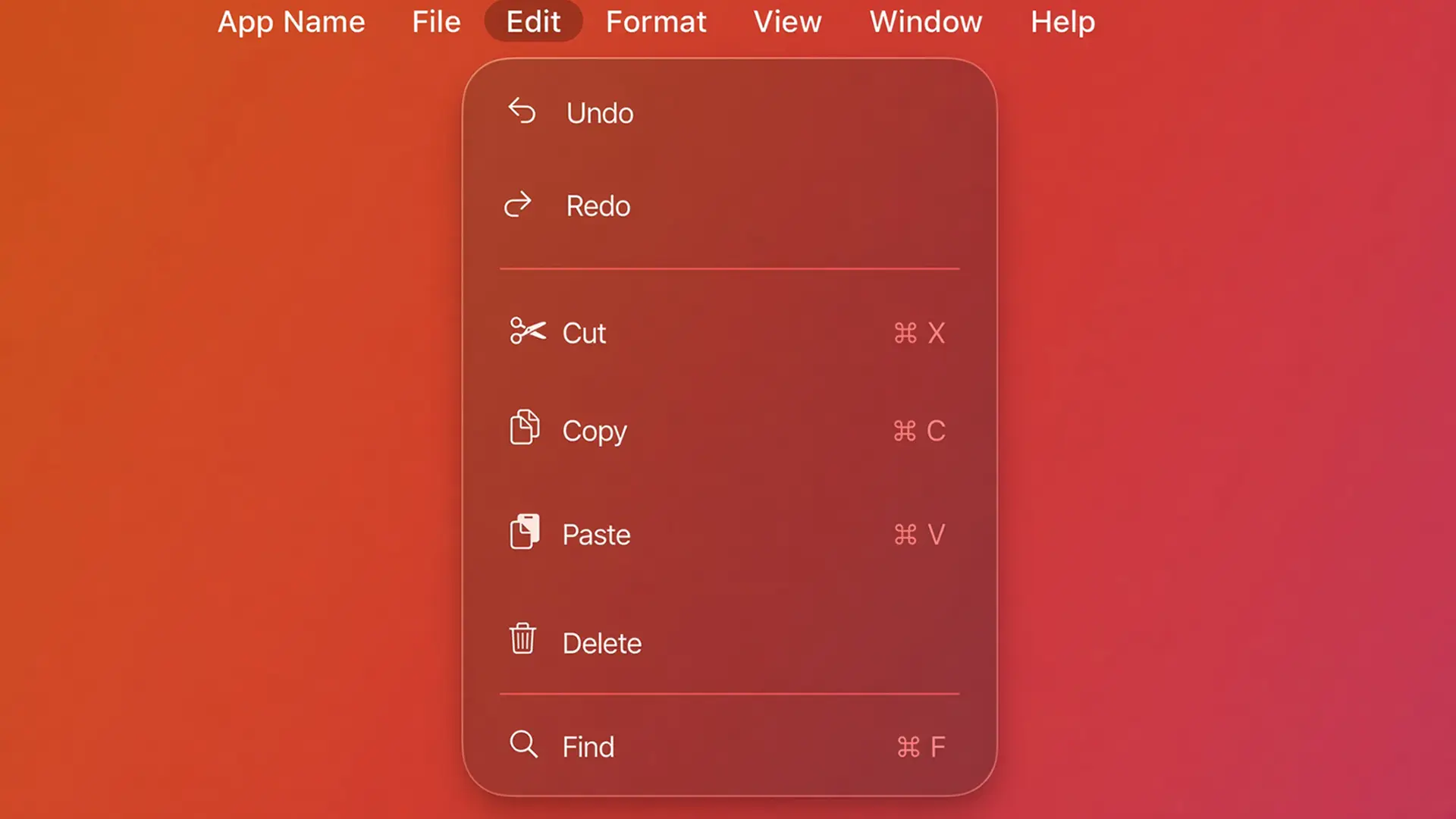 A translucent application Edit menu showing Undo, Redo, Cut, Copy, Paste, Delete and Find with their keyboard shortcuts, floating on a red and orange gradient