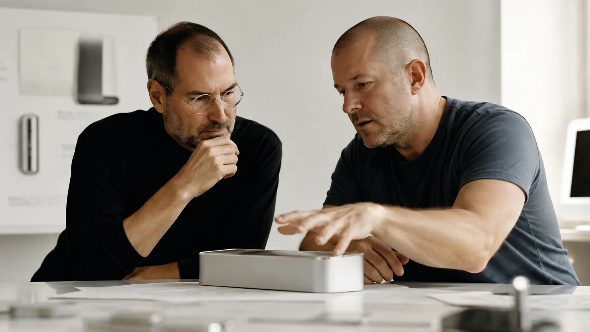 Two men, one in a black turtleneck and round glasses with a hand at his chin, the other in a dark t-shirt gesturing over a silver aluminum prototype, huddled at a white table in a bright design studio