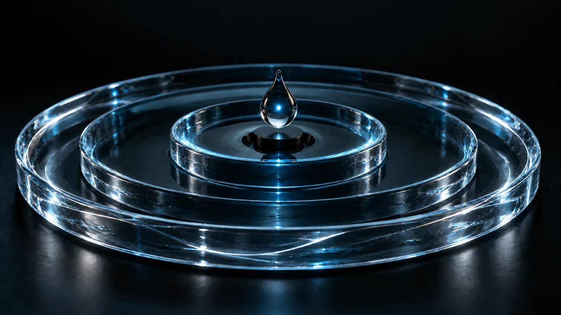 A single clear droplet hovers above three concentric glass rings lit in cold blue on a black surface.