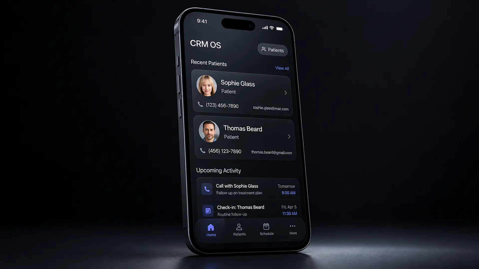 A phone standing on a dark surface showing a CRM OS home screen with recent patient cards, contact details, and an upcoming activity list