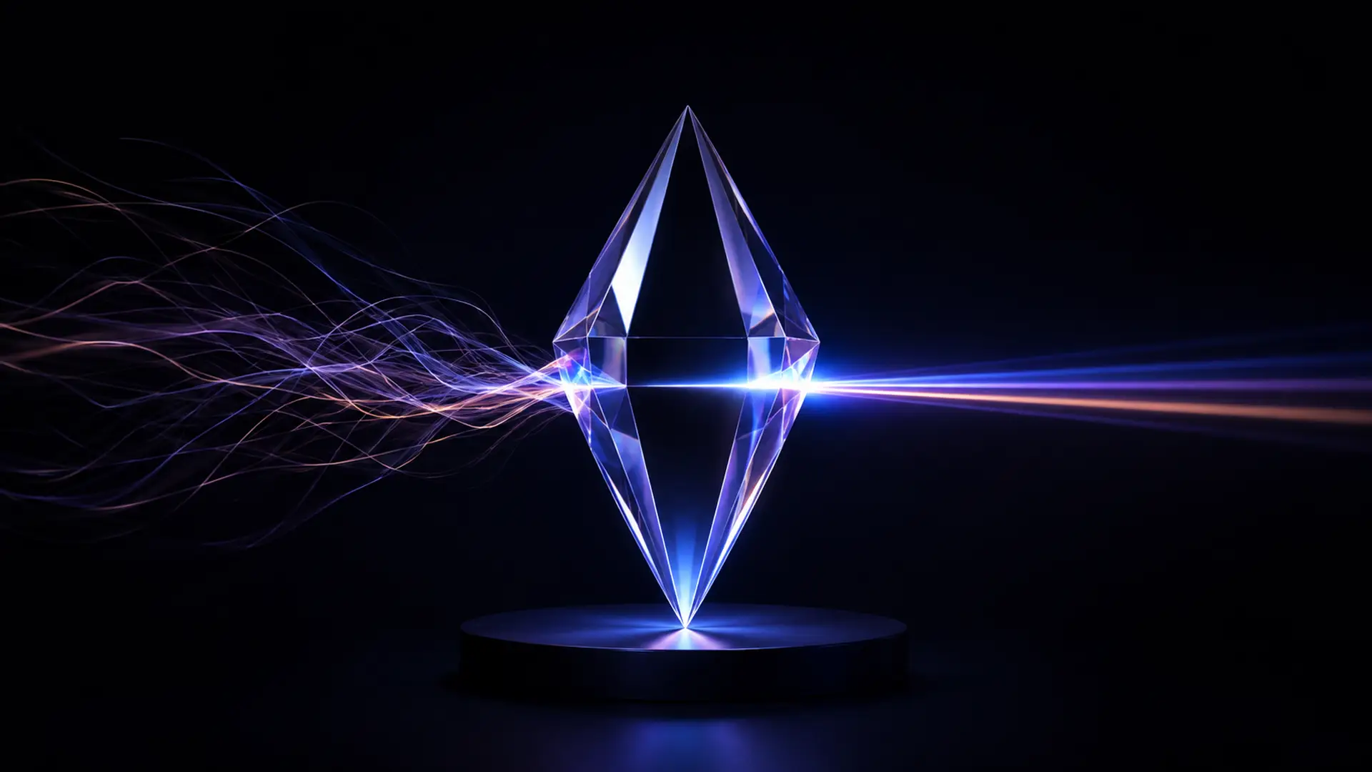 A faceted crystal standing on a dark pedestal, tangled coloured filaments entering from the left and leaving as a single clean beam on the right