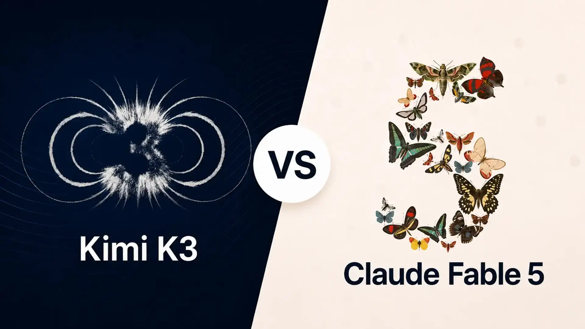 A split comparison card, Kimi K3 as a white magnetic-field burst on navy at left, Claude Fable 5 as a butterfly-composed letter S on cream at right, with VS between them
