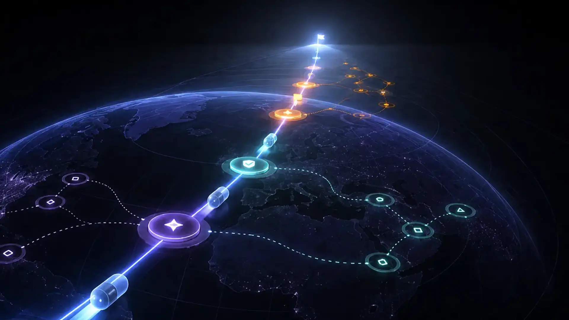 A glowing route arcing across a darkened globe through a sequence of lit checkpoint rings, ending at a small flag on the horizon