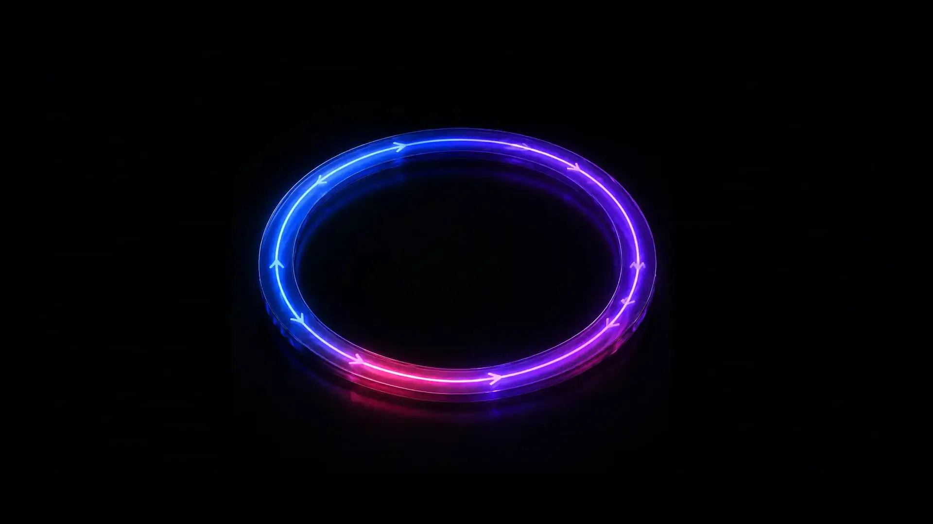 A glowing translucent ring seen at an angle, arrows travelling continuously around its inner and outer edges as the light shifts from blue through violet into pink