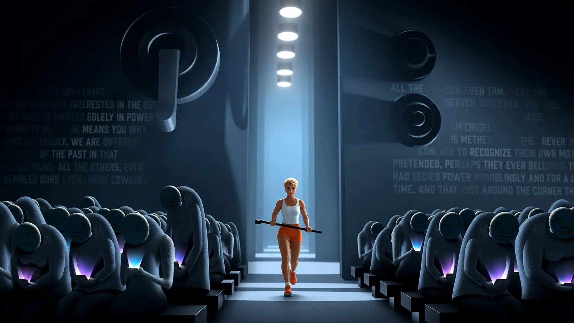 A woman in orange shorts running down the aisle of a dim auditorium carrying a sledgehammer, past rows of identical grey figures hunched over glowing screens