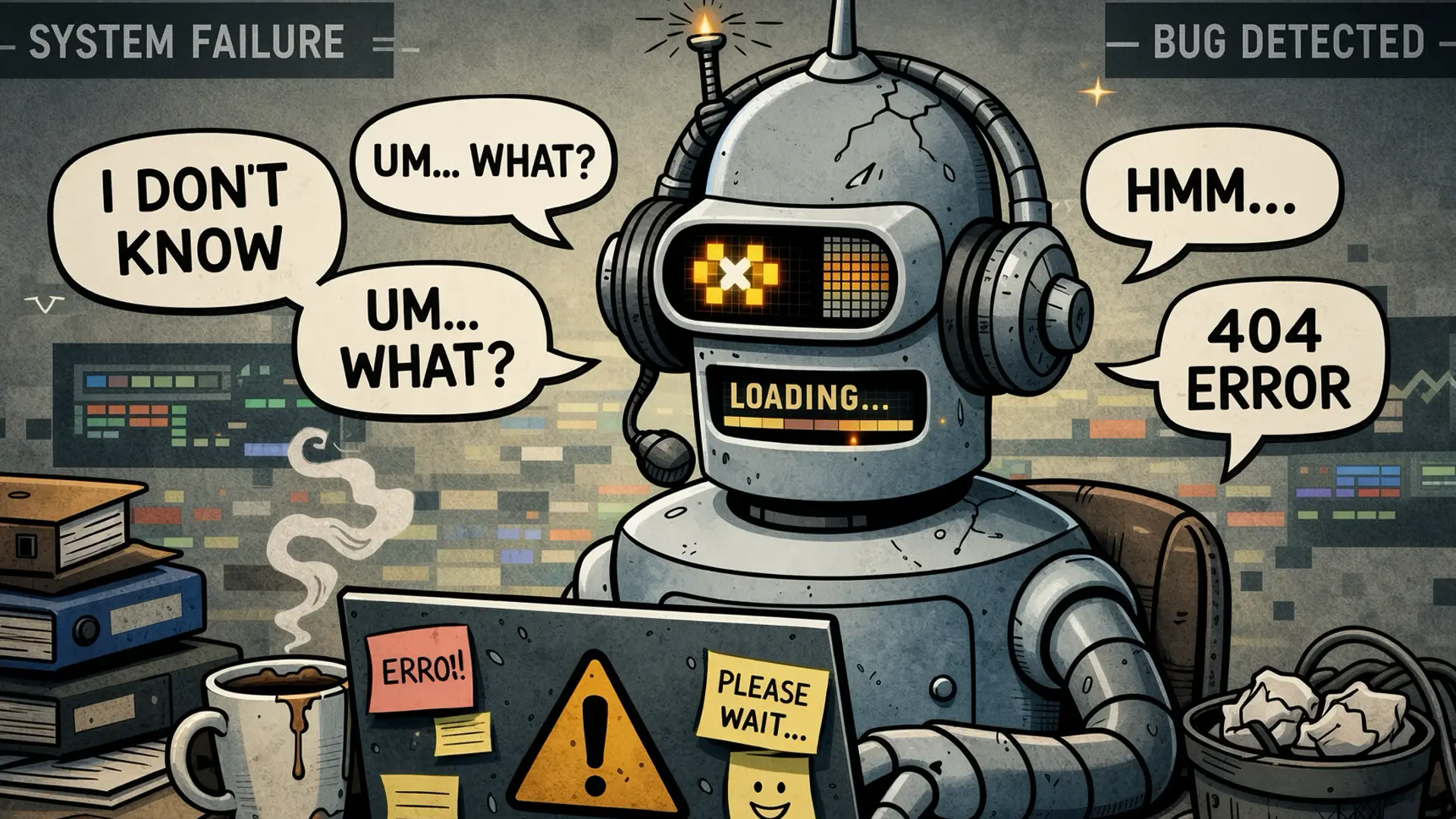 A cracked cartoon robot slumped at a laptop covered in error stickers, surrounded by speech bubbles reading I don't know, um what, hmm, and 404 error
