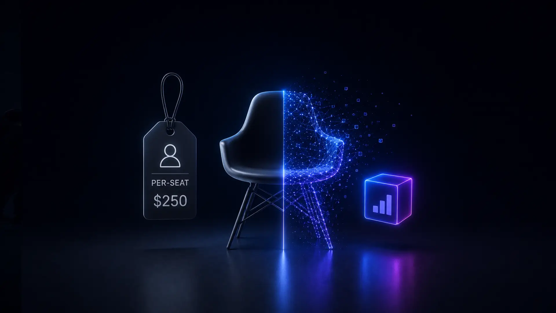 A moulded office chair whose right half dissolves into a cloud of blue particles, a price tag reading per-seat 250 dollars hanging beside it and a usage meter cube floating opposite