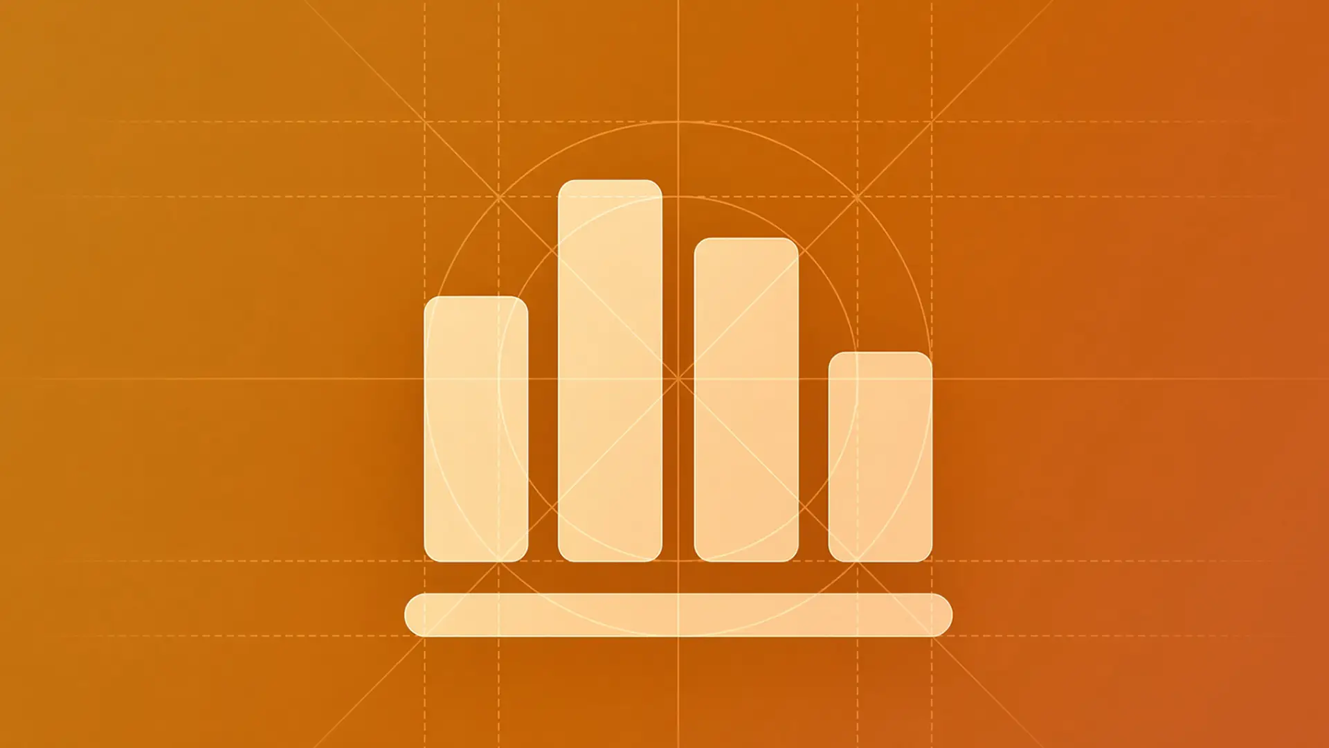 A pale bar chart icon centred on a burnt orange field, construction guides and a framing circle drawn faintly behind it