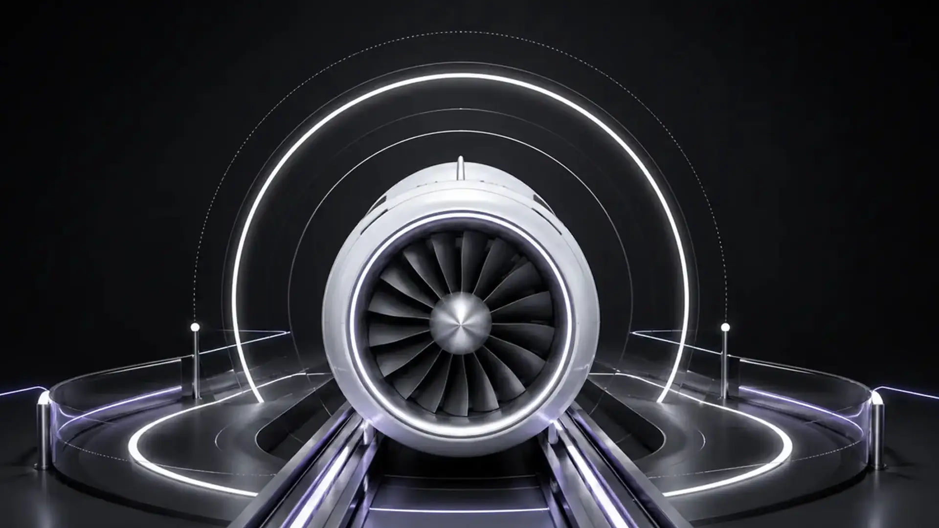 A jet engine mounted head-on in a dark test rig, concentric light arcs and guard rails curving around it