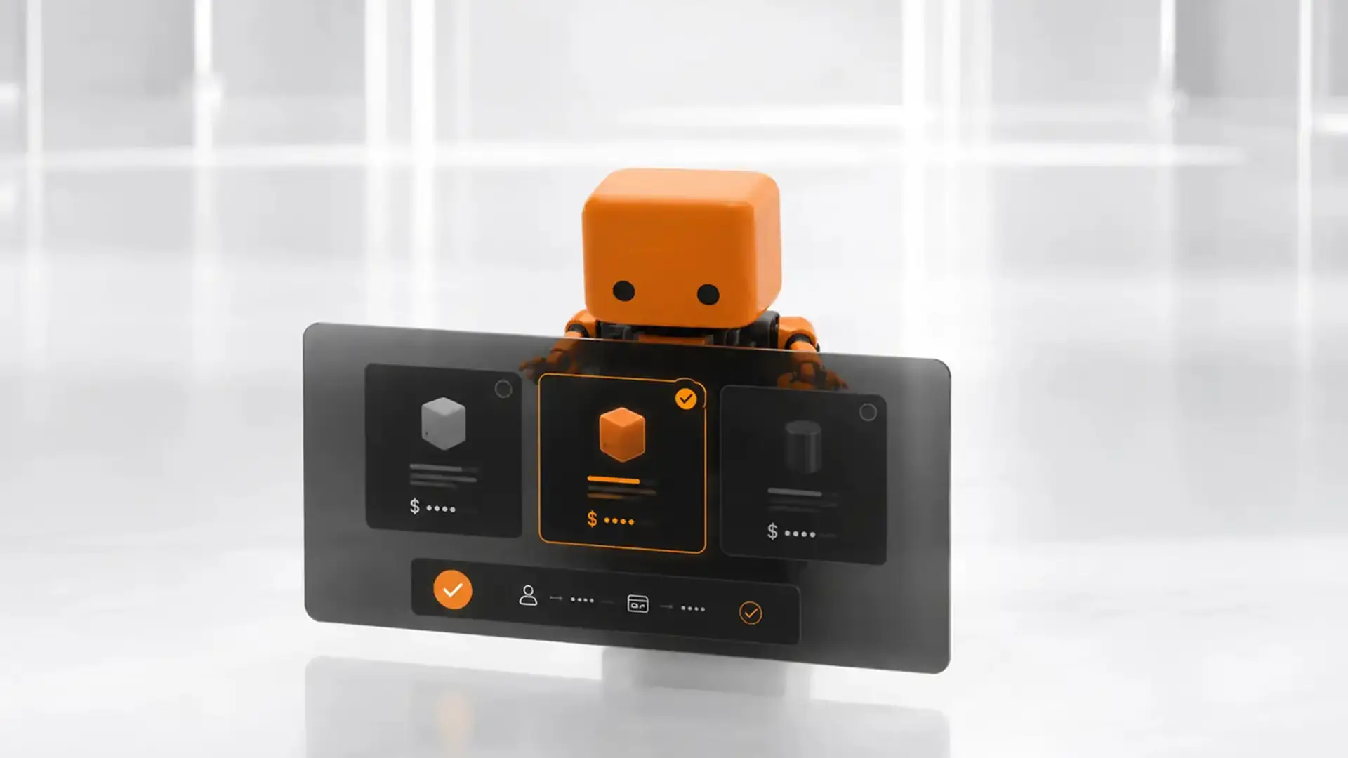 A small orange robot behind a dark panel of three pricing cards, reaching toward the middle one which is outlined and check-marked