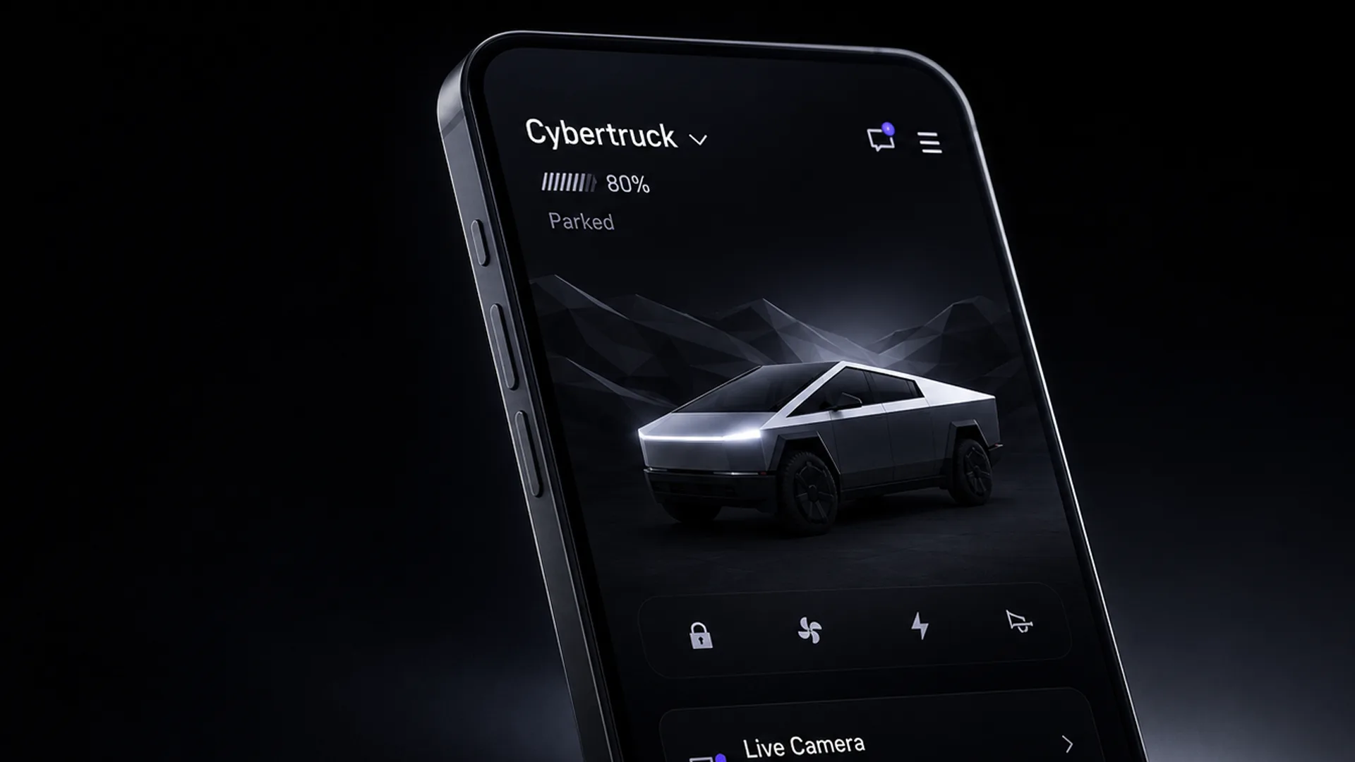 A smartphone on a black background showing a dark car-control app with a silver Cybertruck render, 80% battery, a Parked status, four simple control icons, and a Live Camera row