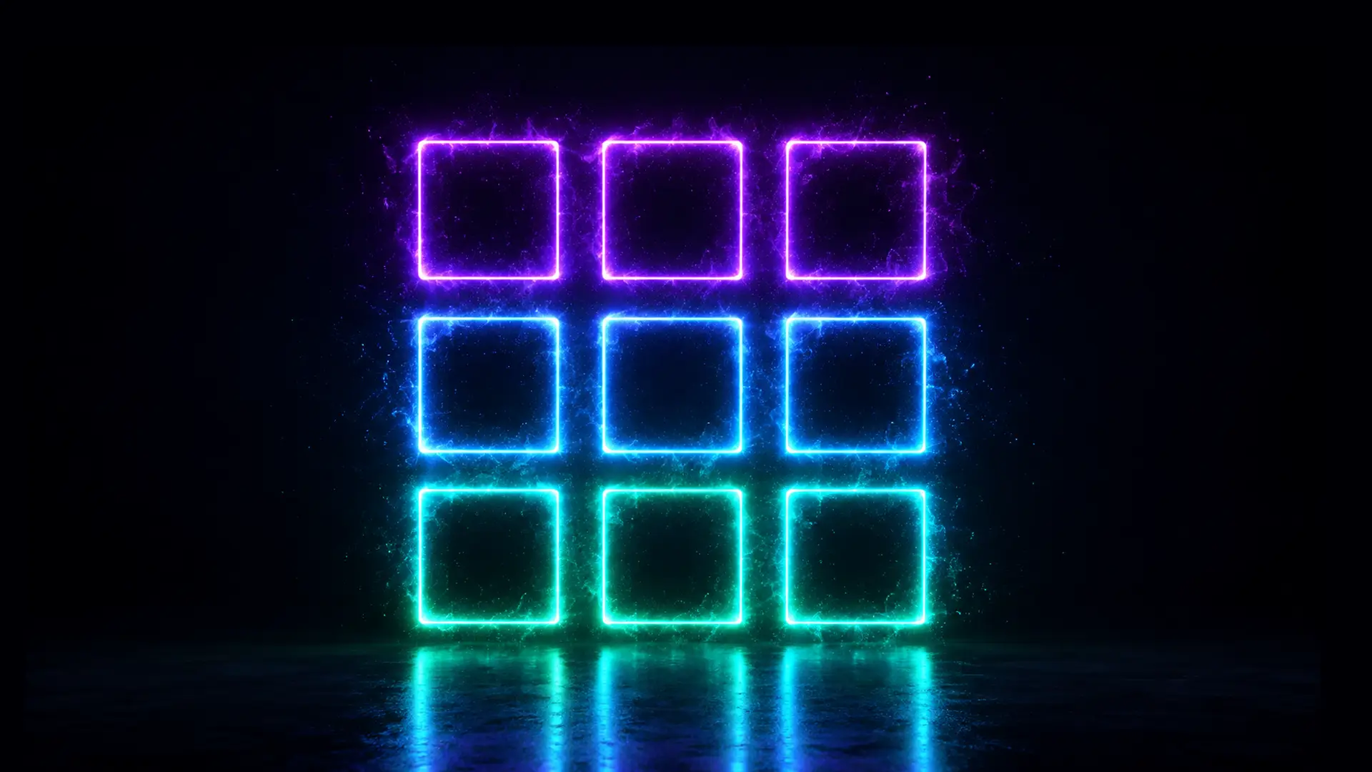 A three by three grid of empty neon-outlined squares glowing violet, blue and green against a dark reflective floor