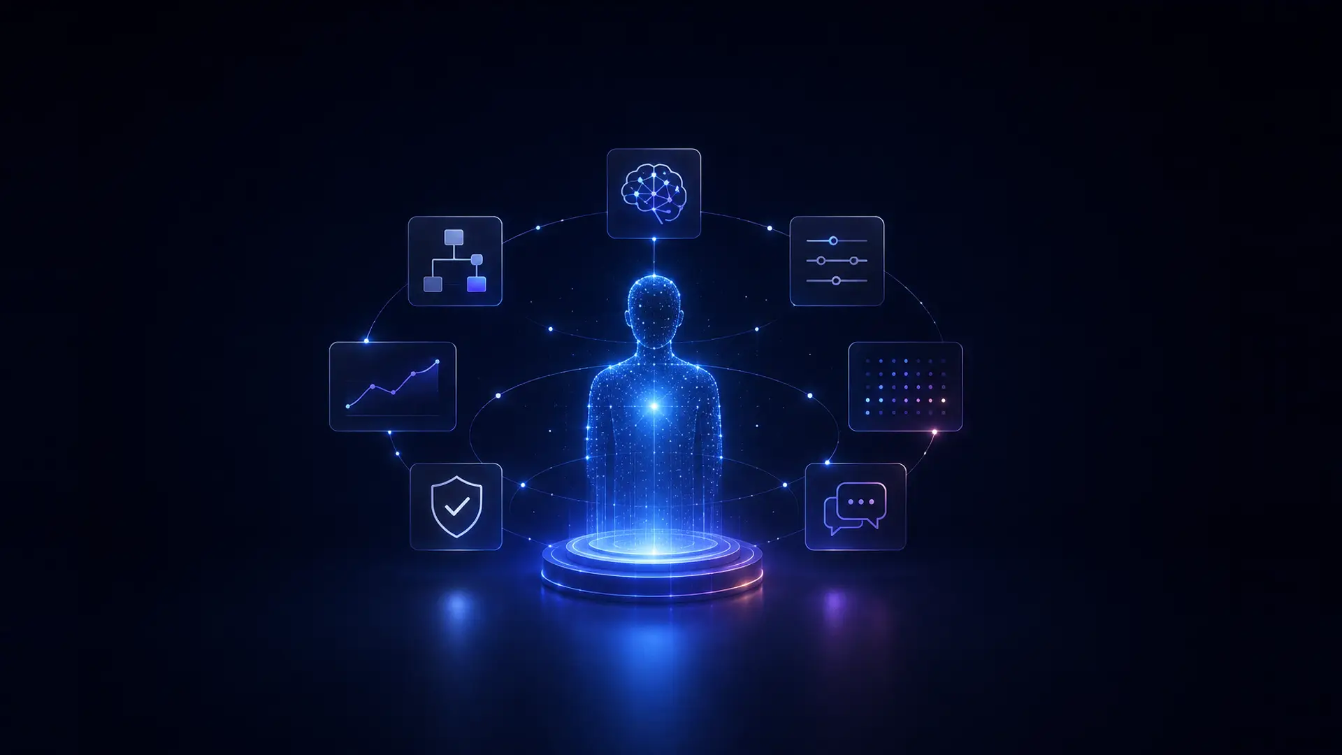 A glowing human figure built from points of light standing on a lit pedestal, ringed by floating panels for models, controls, analytics, security and conversation