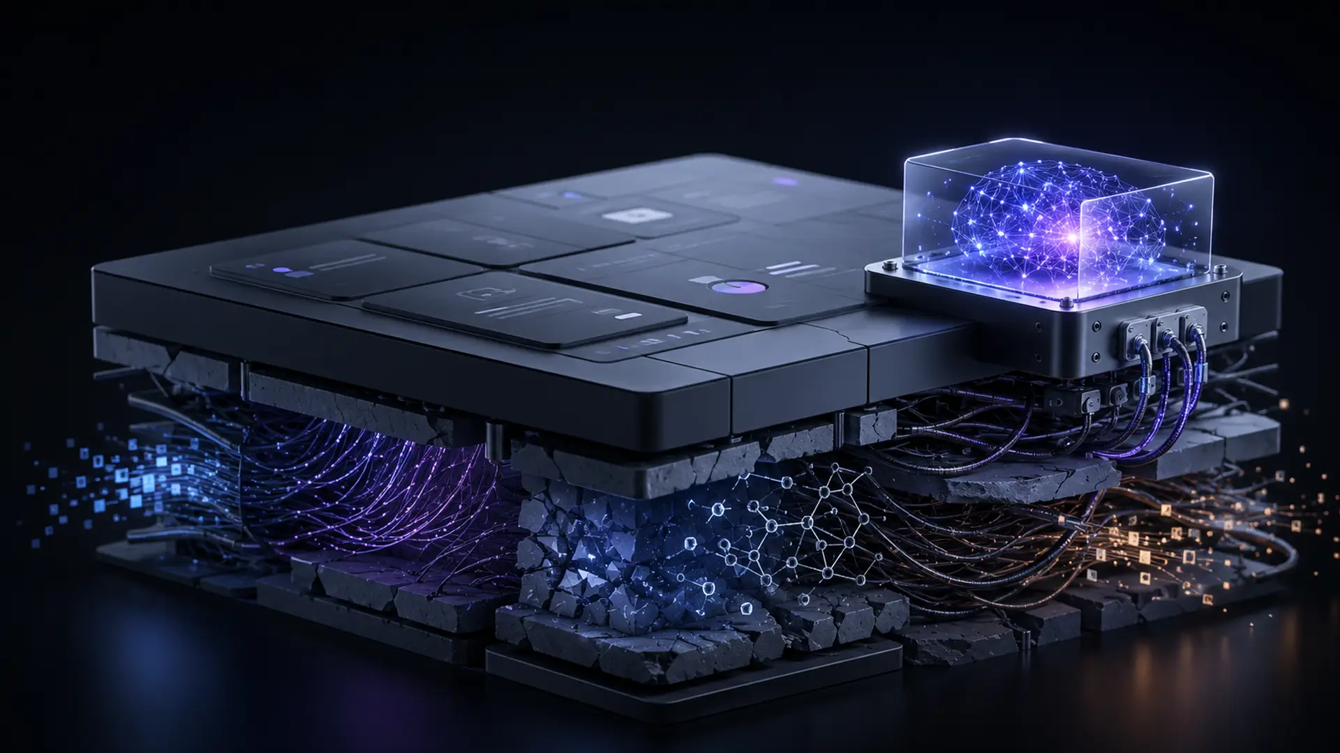 A dark slab of interface panels resting on a cracked, cabled substrate, with a glowing brain module bolted onto one corner from the outside