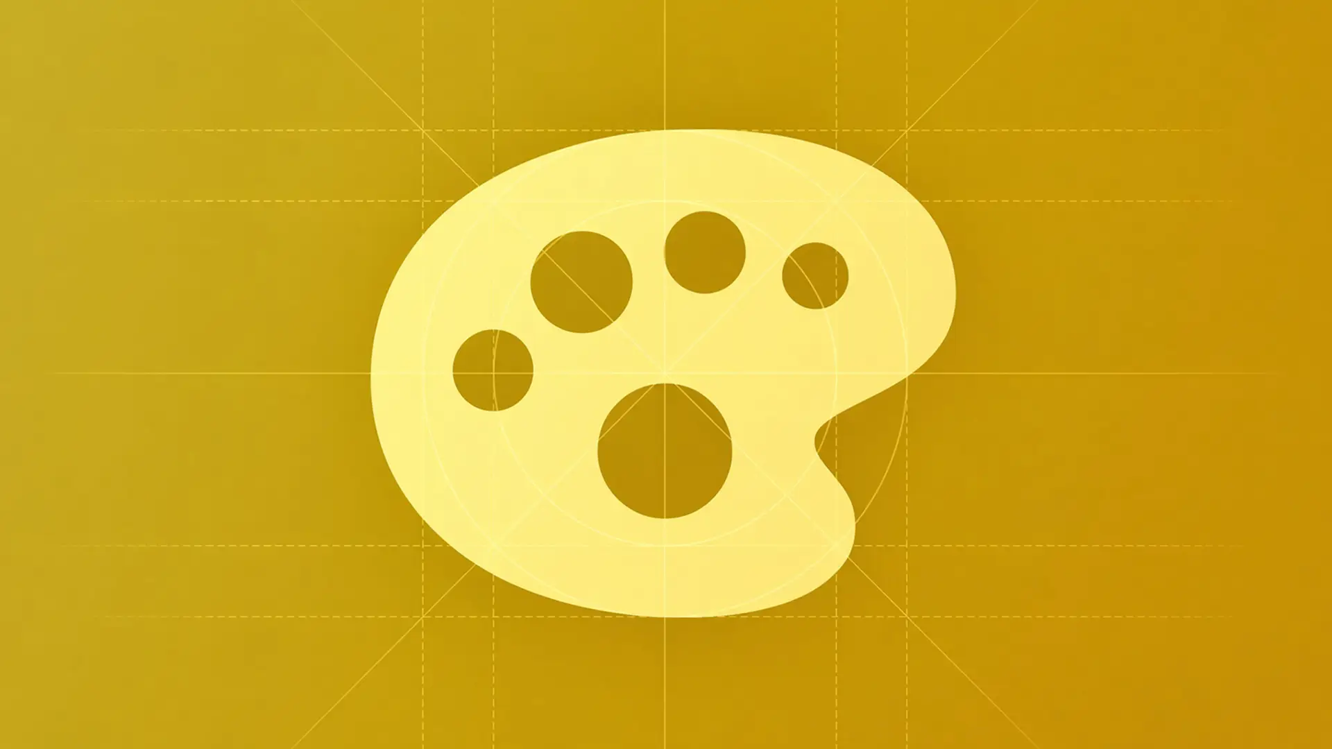 A pale artist's palette icon centred on a mustard field, faint construction guides drawn behind it