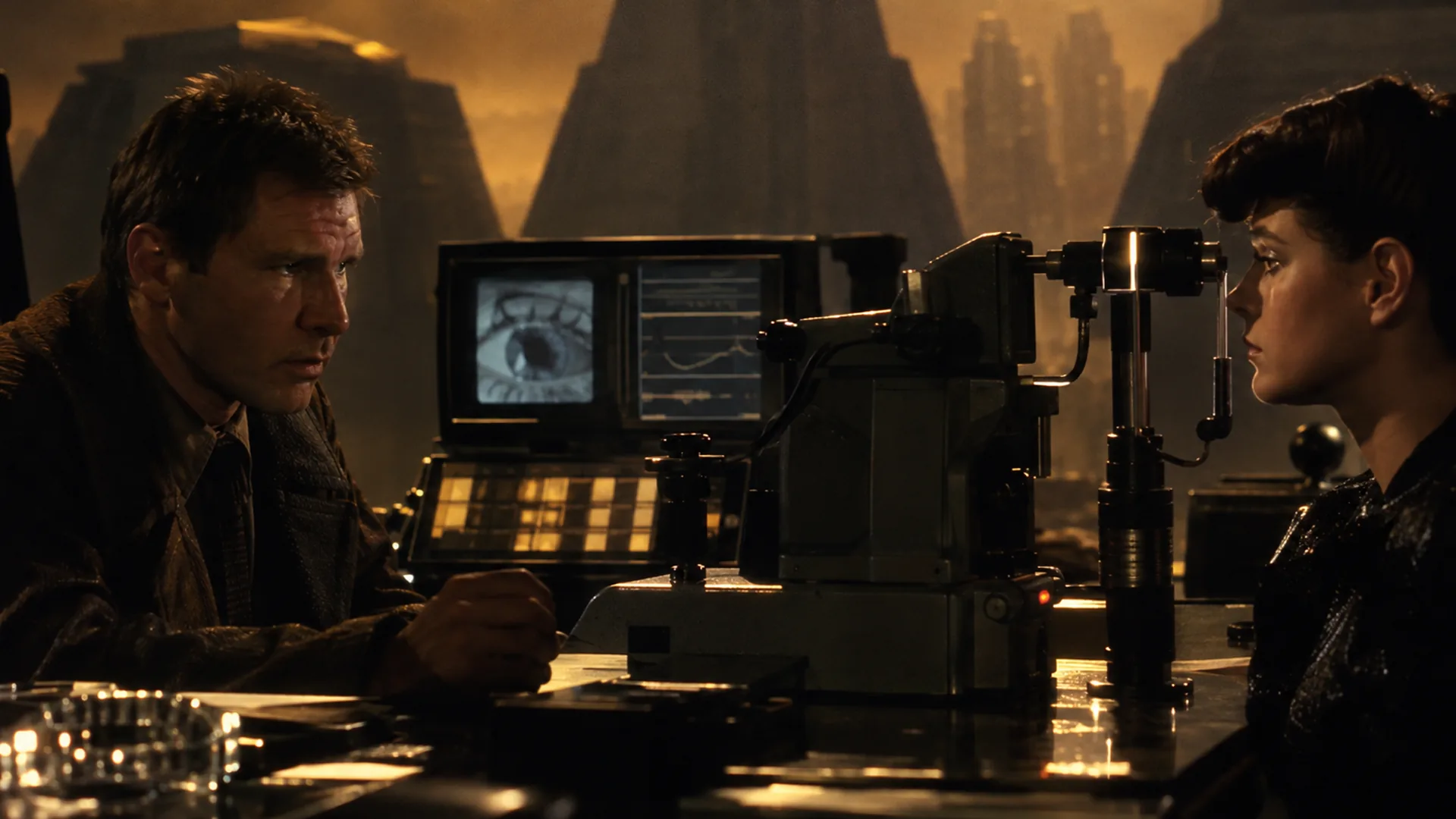Man in a brown jacket and woman face an eye scanning device with an eye image on a nearby screen.