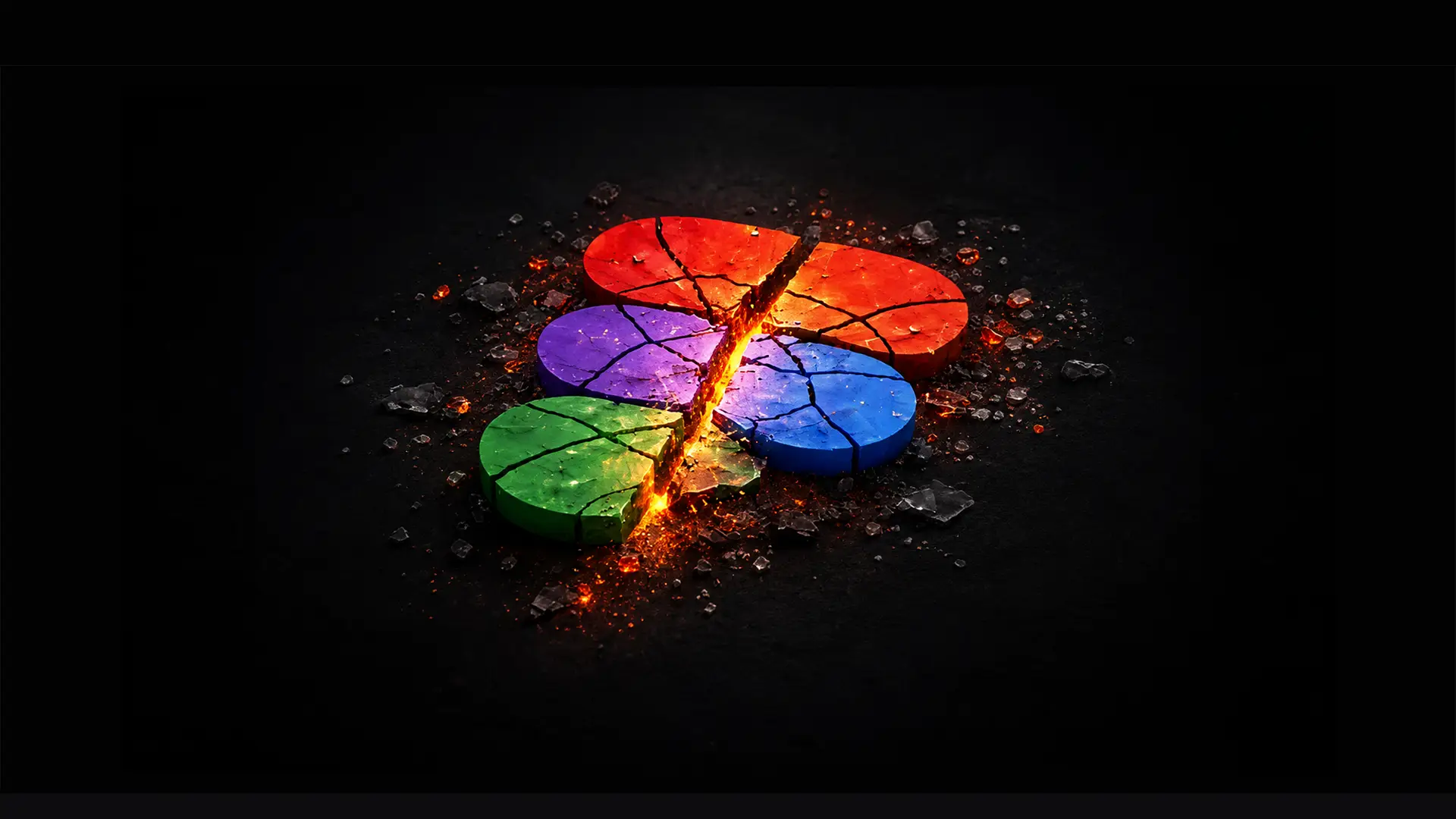 A four-segment coloured disc shattered across a dark surface, molten orange light glowing through the crack running down its middle