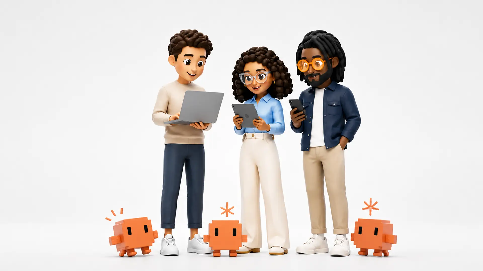 Three stylised people holding a laptop, a tablet and a phone on a white background, with three small orange robots standing at their feet