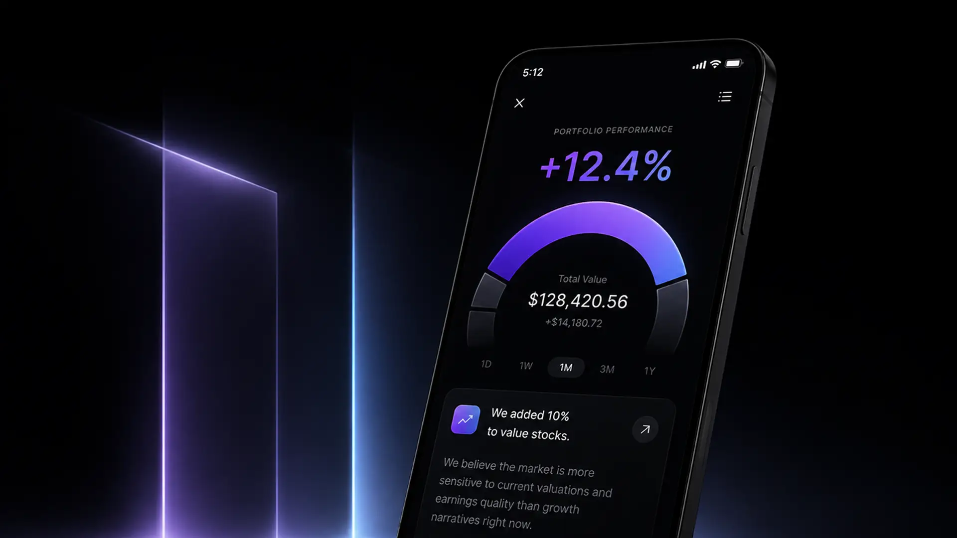 A phone screen showing portfolio performance up 12.4 percent with a violet arc gauge, a total value figure, and a plain-language note explaining the allocation change