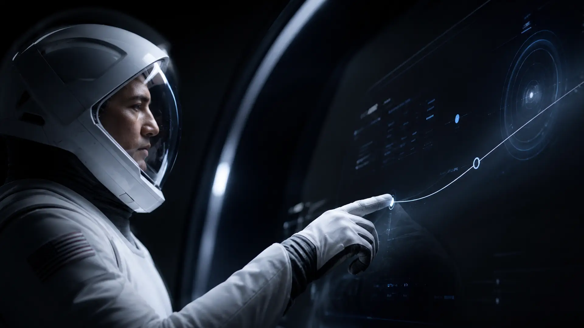 An astronaut in a white suit and helmet reaching a gloved finger to a curved dark console, a single point of light following the fingertip along a faint trajectory line