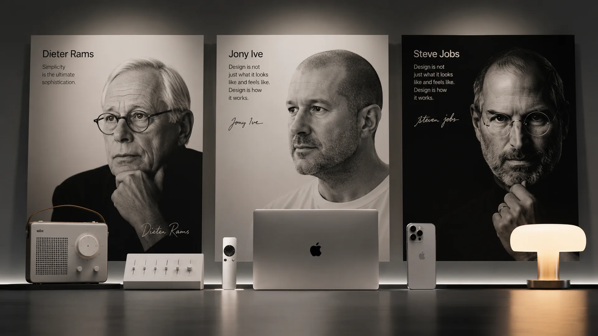 Three black-and-white quote posters of Dieter Rams, Jony Ive, and Steve Jobs behind a dark shelf holding a Braun radio, a MacBook, an iPhone, and a glowing mushroom lamp