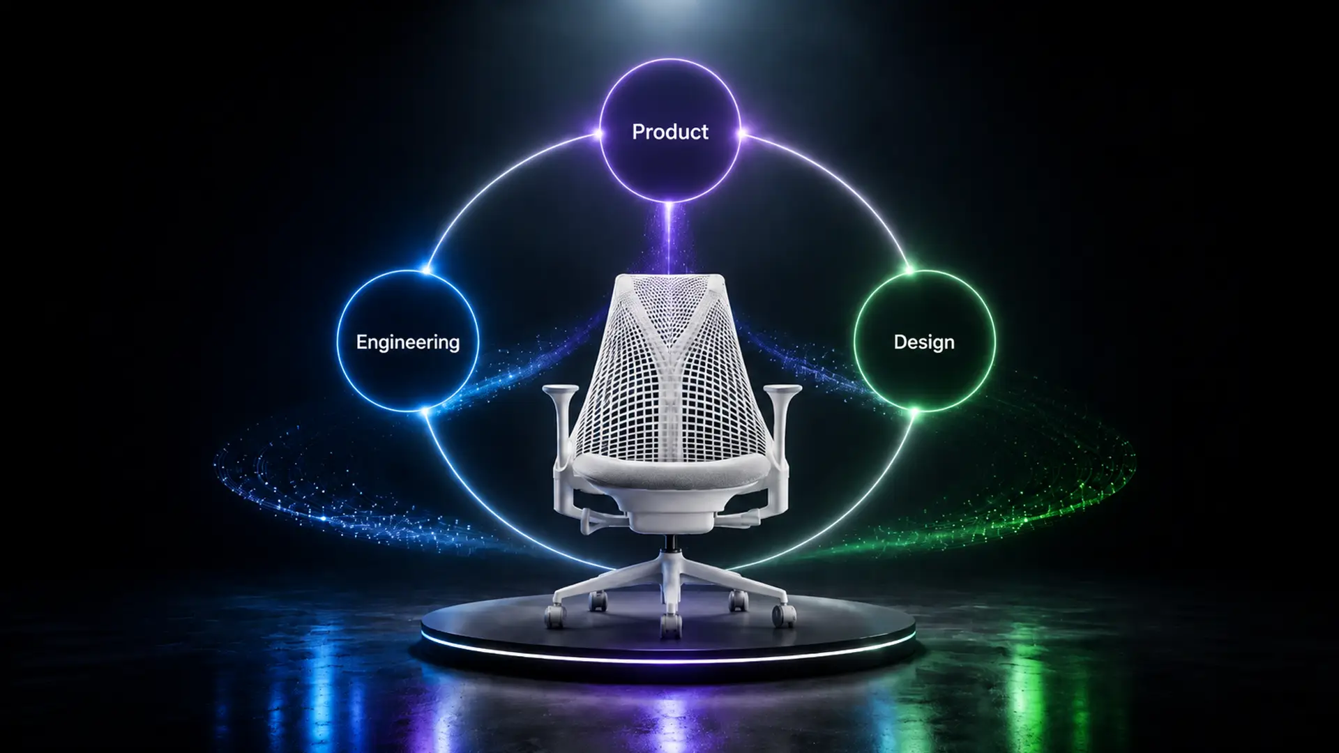 A white mesh office chair on a lit turntable, encircled by three glowing rings labeled Product, Engineering and Design