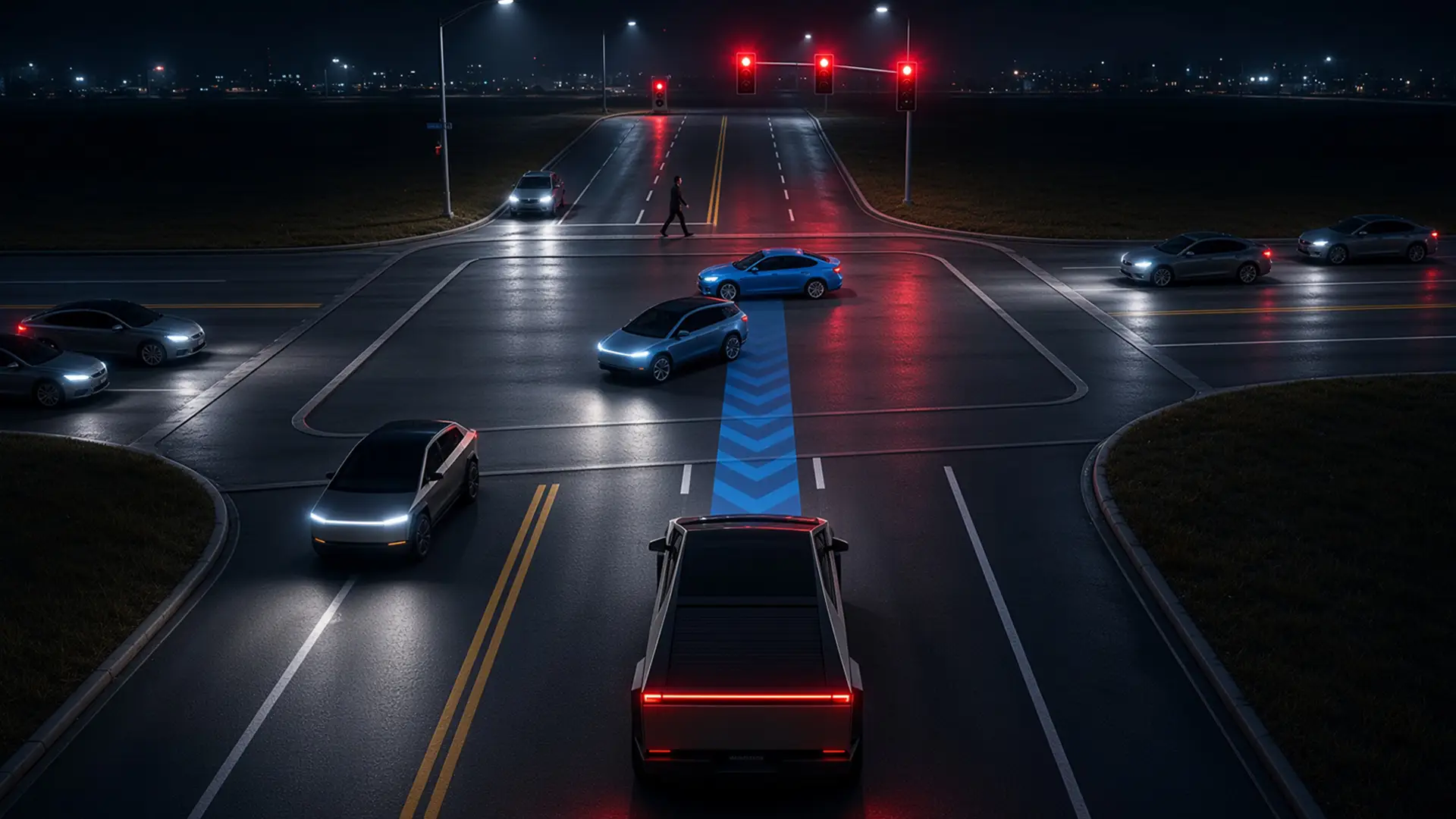 A night intersection seen from above, autonomous vehicles holding their lanes while a blue chevron path projects across the road ahead of one of them