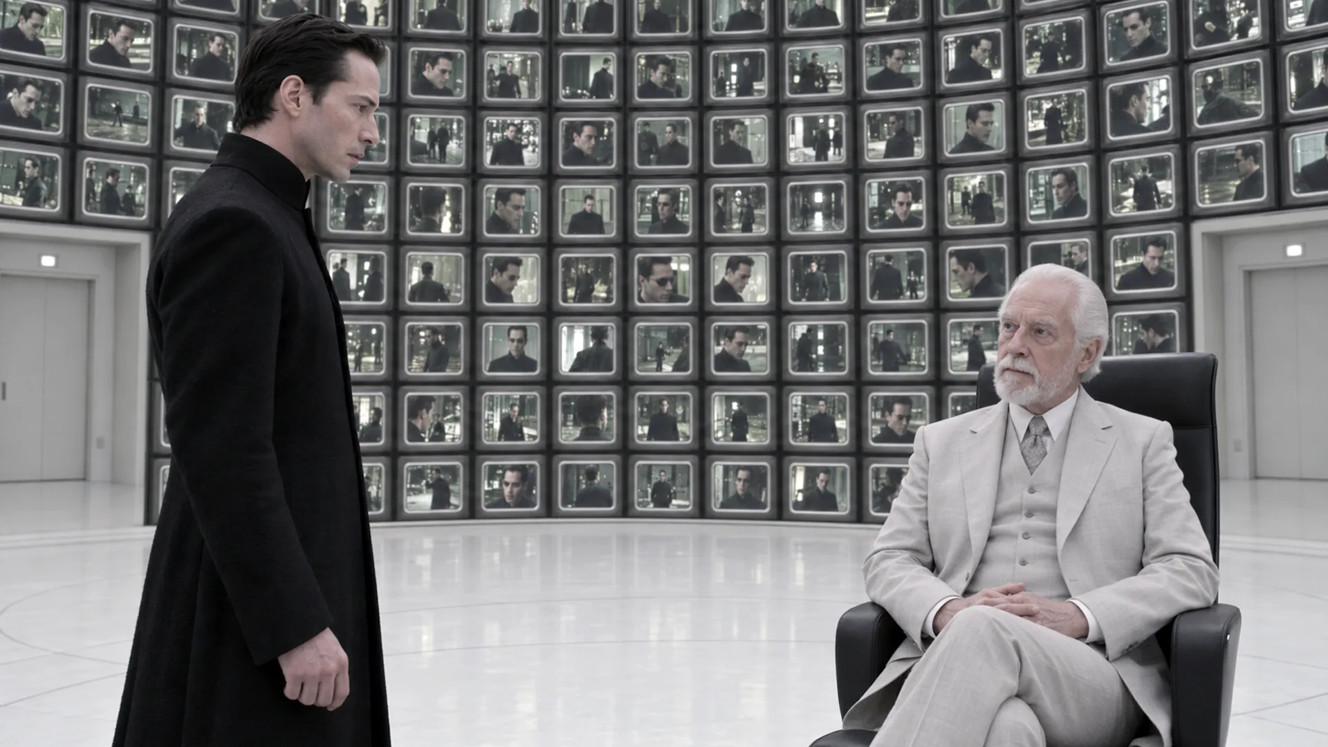 A man in a long black coat faces a seated white-haired man in a pale suit, in a white room walled with small screens.