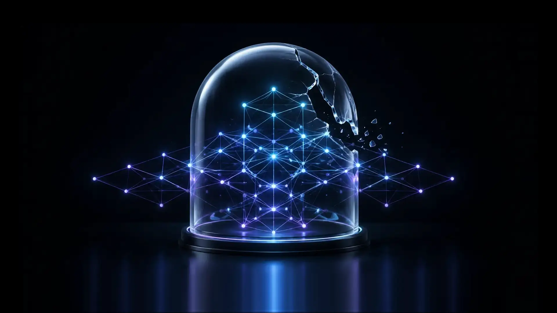 A glowing blue lattice of connected nodes inside a glass dome, the dome cracked open at one shoulder with the lattice spreading out through the break