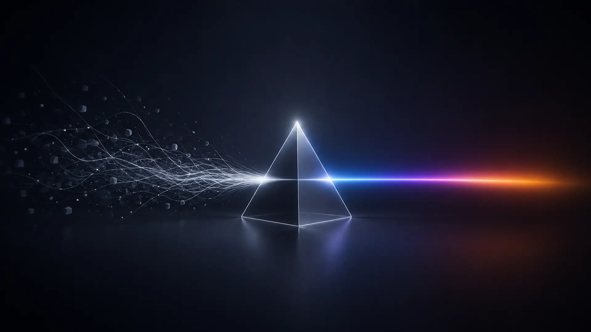 A wireframe prism on a dark reflective plane taking in a tangle of scattered particles on the left and emitting a single clean spectrum beam to the right