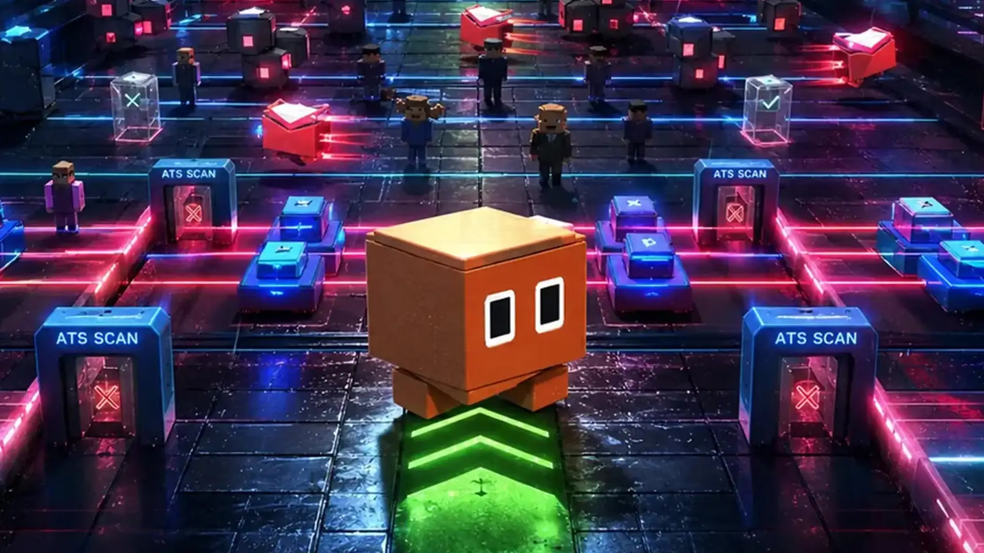 A neon voxel corridor of scanning gates and document tiles, a single orange cube character advancing along a green lit path between them