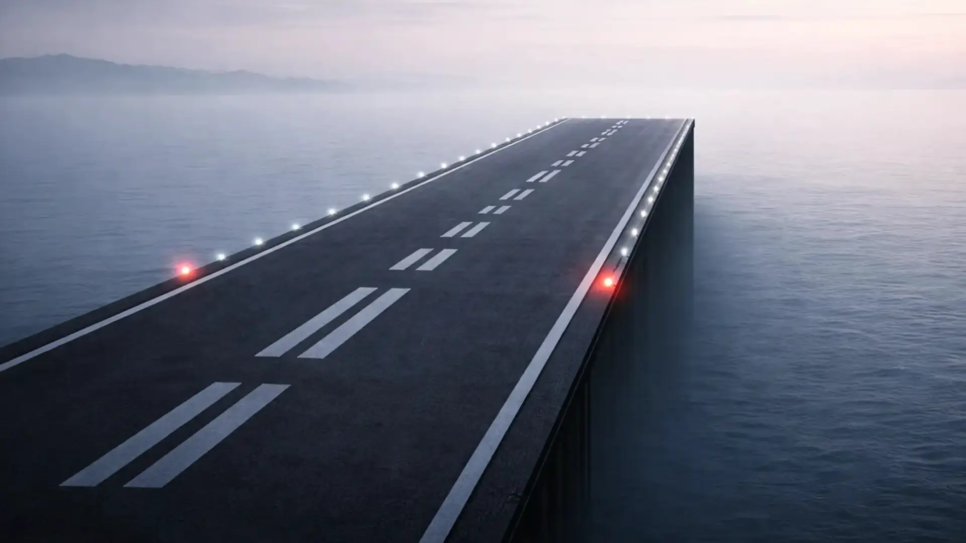 An elevated roadway running out over still water and stopping abruptly in mid-air, its edge lights continuing to the cut end above the sea